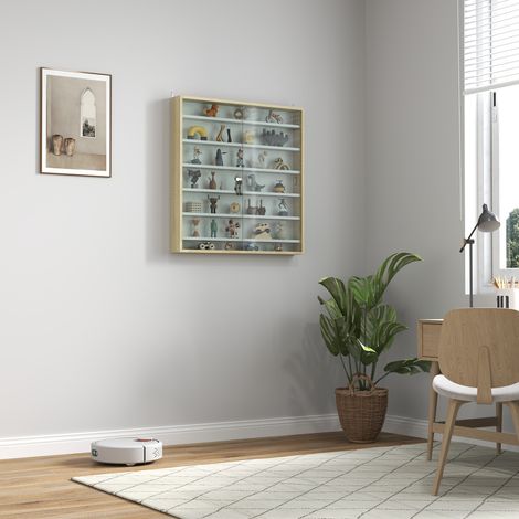 Vetrina per collezioni, vetrina a muro, 80 x 9,5 x 83 cm, 6 ripiani regolabili in altezza, 2 ante scorrevoli in vetro