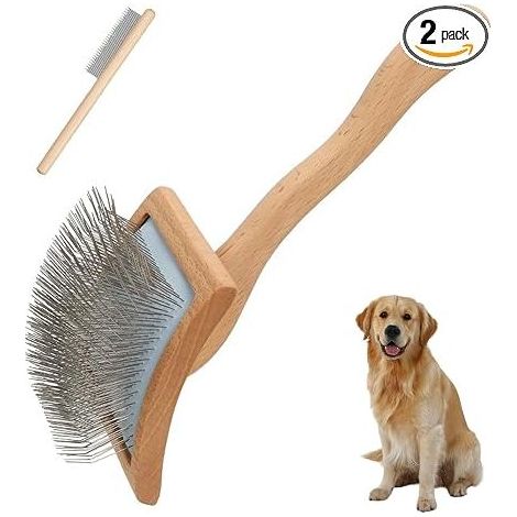 Hundebürste mit Holzgriff, Bürste und Kamm für Knoten und Unterwolle, für mittel- bis langhaarige Hunde und Katzen wie z. B. Perserkatzen (1/5)