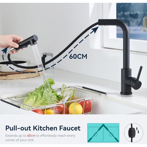Mitigeur cuisine inox 304 pivotant 360° – Douche extractible 2 modes – Eau chaude/froide, finition noir mat