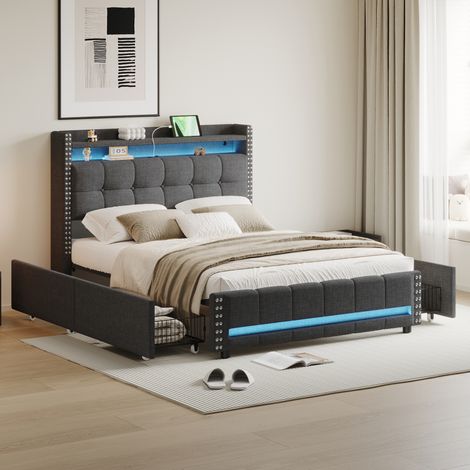 Lit adulte avec tiroirs 140x200cm en lin - avec LED & prise USB - avec sommier à lattes - Gris (1/5)