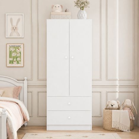 Armoire dressing 70x40x170 cm avec penderie et 2 grands tiroirs - design moderne - contreplaqué/MDF - Blanc (1/5)