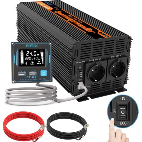 Convertisseur 24V 220V Pur Sinus 2000W Fonction ECO pour Camion Camping-Car Van Compatible Panneau Solaire Isolation Galvanique Télécommande 2xUSB Ecran LCD (1/5)
