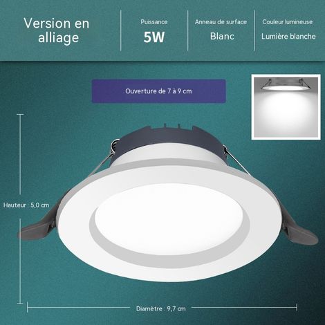 Lot de 3 spots LED encastrables plafond 5W alliage aluminium fin, lumière blanche froide, blanc ivoire, trou de coupe 7‑9cm