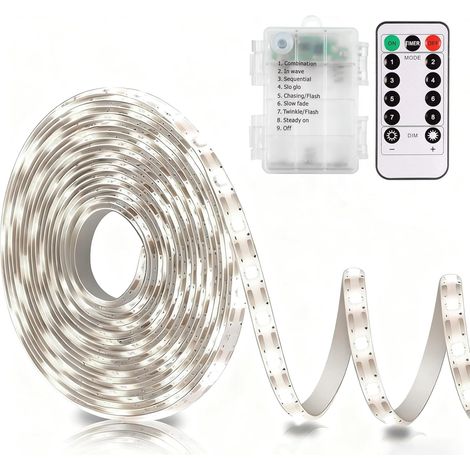 Bande LED à piles avec télécommande, lumière blanche, 8 modes, intensité réglable, minuterie, autocollante, sécable, étanche, 3 m (9,8 pi).