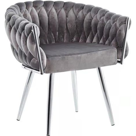 Chaise en Velours Gris avec Pieds Chromés Argentés Eva - Design Tressé - 75 x 65 x 51 cm - PANGIVO (1/3)