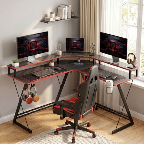 Bureau d'ordinateur en forme de L avec prises, 128 cm, bureau d'angle avec support de moniteur, crochet pour casque et porte-gobelet (1/5)