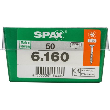 SPAX Universalschraube, 6 x 160 mm, 50 Stück, Teilgewinde, Senkkopf, T-STAR plus T30, 4CUT, WIROX - 4191010601617 (1/2)