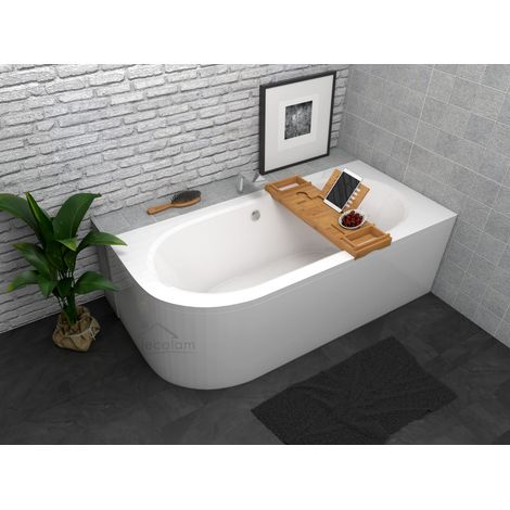 ECOLAM Baignoire de coin Avita 150x75 cm droite + tablier en acrylique  étagère en bambou  pieds siphon + silicone  set complet