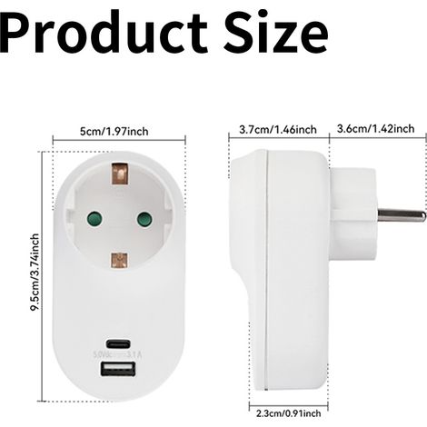 Adaptateur mural CILIA 3-en-1 compact avec prise Schuko 16A, ports USB-C et USB-A pour charge rapide, idéal maison bureau voyage (1/5)