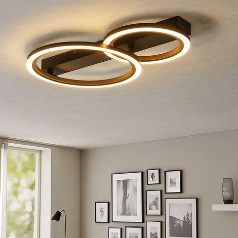 Plafonnier LED imitation bois Lampe de salon noire Plafonnier anneaux Moderne, aluminium métal, 30W 1080Lm blanc chaud, LxlxH 44x30x7 cm