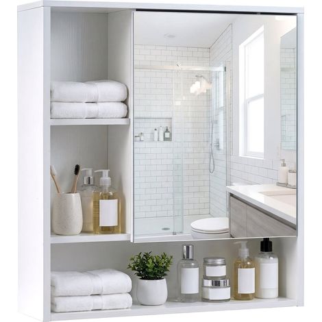 Mobiletto da bagno con specchio, anta e 3 ripiani a giorno, bianco.