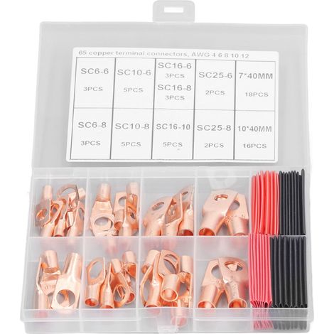 65Pcs Cosses de Fil Cuivre Robustes Haute Température SC6 à SC25 Bornes Électriques avec Gaine Thermorétractable (1/5)