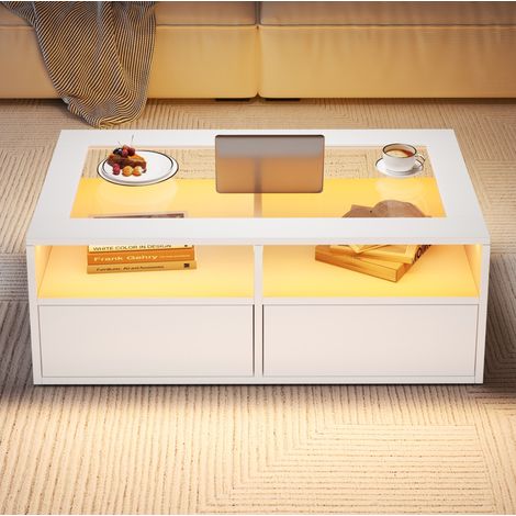 Tavolino da salotto 100x50x35 cm in vetro temperato, legno bianco, con contenitore FloraGrace (1/5)