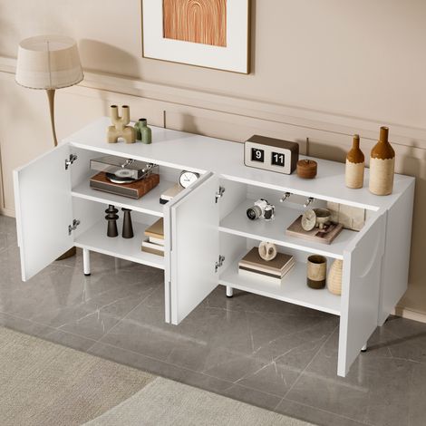 Credenza Contenitore con Vano Chiuso e Cerniere Silenziose, Design Geometrico, per Sala da Pranzo, MDF, 160 x 38.5 x 70 cm, Bianco (1/5)