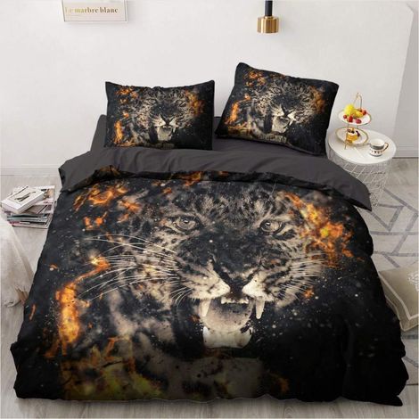 Bettwäsche 200x200 cm Leopard 3D Tiermotiv Grau Orange Mikrofaser 3-teilig mit Reißverschluss