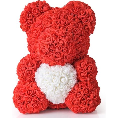 TrAdE Shop Traesio - Orsacchiotto Orsetto Orso Di Rose Con Fiori Da 40cm Rosso Con Cuore Bianco -