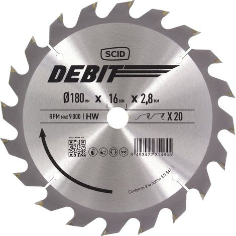 Lame au carbure pour scie circulaire SCID - Epaisseur 2,8 mm - 20 dents - Diamètre 180 mm - Alésage 16 mm