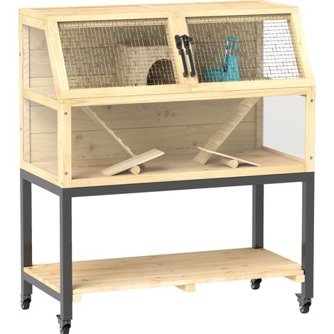 Holzkäfig für Nagetiere 87 x 43 x 101 cm mit Rollen, Ablagen und Zubehör (1/5)