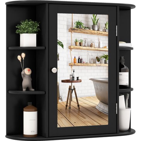 Armoire de toilette murale noire en MDF avec miroir, 6 étagères et placard 4 niveaux, tablettes réglables, pour salle de bain et WC (1/5)