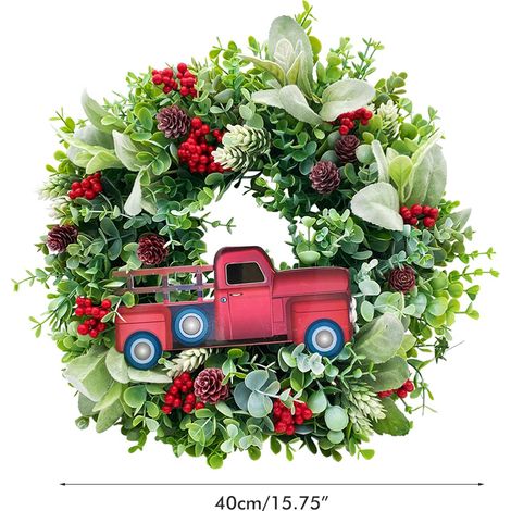 Couronne de Noël artificielle en forme de camion rouge et de baies, idéale pour décorer votre porte d'entrée ou votre intérieur/extérieur. Décoration de Noël à suspendre, avec un camion rouge et des p