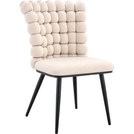 Sedia da Pranzo in Velluto, Schienale a Sfere, Gambe in Metallo Nero, Stile Moderno, Bianco Sporco (1/5)