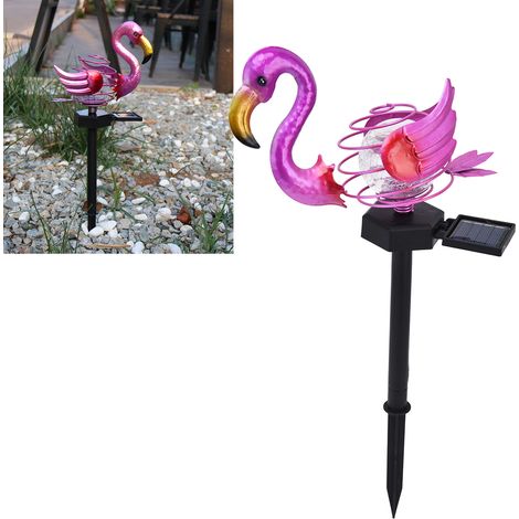 Lampe de jardin flamant rose en métal, solaire, en fer forgé, à ressort, flamant rose en verre fissuré, étanche IP67, pour extérieur, jardin, cour, pelouse, patio, allée, éclairage décoratif. (1/5)
