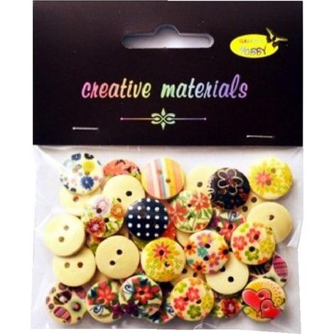 Bottoni in legno color crema con stampa floreale, 15 mm, 15 g