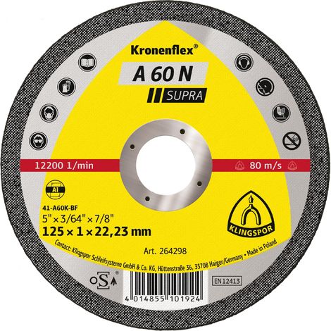 Trennscheibe A 60N Supra D125x1mm gerade Alu.Bohr.22,23mm KLINGSPOR (1/2)