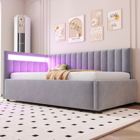 Lit à LED 90x200 cm, coffre hydraulique intégré, design rayé vertical classique, têtes de lit latérales interchangeables, sommier à lattes, en velours gris clair