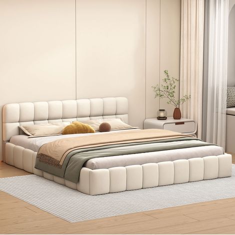 lit adulte 140 x 200, lit capitonné, lit double rembourré, lit adulte avec dossier moelleux, lit plat avec bordure rembourrée, lin, sans matelas (1/5)