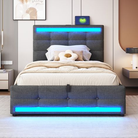 Lit coffre 90x200 enfant, sommier intégré avec vérins hydrauliques, ports USB et éclairage LED multicolore, tissu lin gris, lit une place design. (1/5)