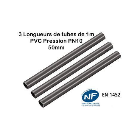 Lot de 3 Barres Tuyau Rigide Tube PVC Pression PN10 50mm : Longueur 1m / Piscine et bassins