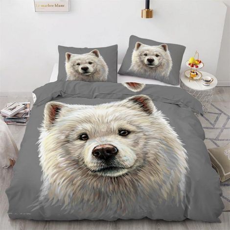 Bettwäsche-Set 220x240cm mit 2 Kissenbezügen 80x80cm, 3D Samojede Motiv, Mikrofaser