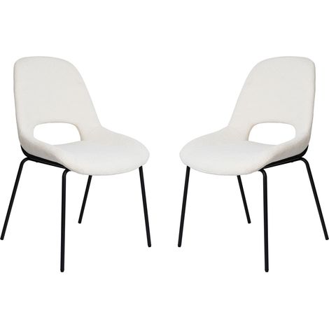 Set di 2 sedie da pranzo, stile scandinavo, schienale traforato, tessuto bouclé bianco, gambe in metallo nero (1/5)