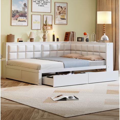 Letto adulti 140x200 cm con 2 cassetti, divano letto, testiera imbottita, rete a doghe, in legno, senza materasso, bianco (1/5)