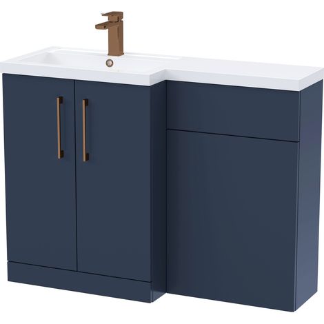 Balterley Left-Hand Bathroom Vanity and WC Unit Combination with Basin - 1100mm - Satin Dark Blue with Brushed Bronze Handles