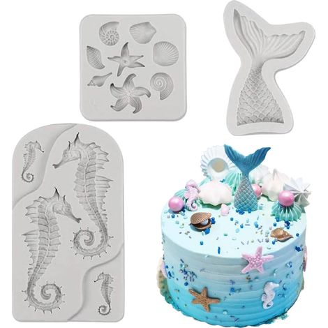 3Pièces Moule à Gâteau à Thème Mermaid,Moule Etoile de Mer Conque Moules,Moules à Chocolat aux Hippocampe,Moul 3D pour Décoration de Gâtea,Pour Bonbons,Fondant,Décoration de Cupcakes, Bricolages (1/5)