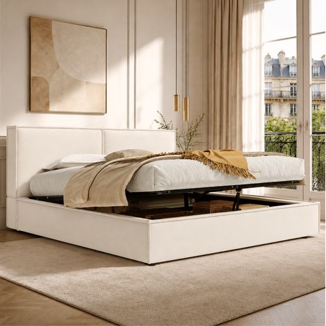 Letto matrimoniale 180x200 cm beige in lino con contenitore idraulico e rete a doghe (1/5)