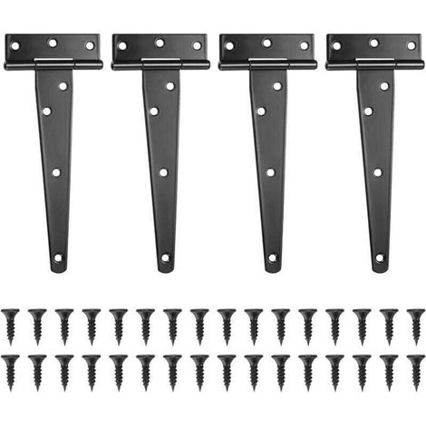 Lot de 4 Charnires en T, Noires Charnire Porte de Grange, Charnires de Portes, Charniere Plate Inox pour Portails, Abris de Jardin, Placard - 6 Pouces (1/4)