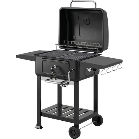 Ahumador de carbón para barbacoa con bandeja de carbón ajustable y termómetro.