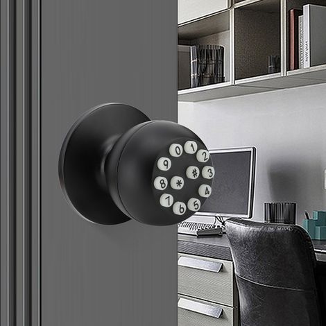 Cerradura digital con pomo de bola – Aluminio/acero inoxidable – Apta para puertas de 35–55 mm de grosor – Color negro – 2 pomos + 2 llaves – Incluye batería de litio – Código virtual anti-espía (1/5)