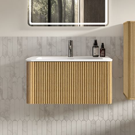 Mobile da bagno da 60 cm con cassetti a pressione, design scanalato e angoli arrotondati, in MDF effetto rovere. (1/5)