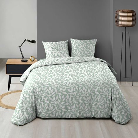 Douceur D'Intérieur – Parure de lit 240x220 cm – Microfibre 100% polyester – Motif feuillage vert sauge – 2 taies 63x63 cm incluses (1/4)
