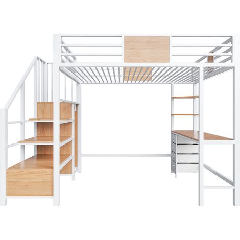 Cama alta 140 x 200 cm de metal blanco con escritorio, estantes, perchero, LED y enchufe (1/5)
