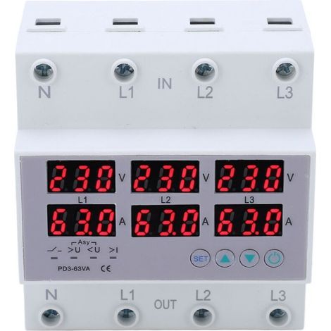 Voltmetro su guida DIN trifase, amperometro, protezione automatica da sovracorrente e sovratensione, AC 390-500V 63A (1/5)