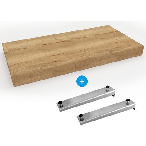 Plan vasque 100x50 cm – 2 supports Dolce 39,5 cm inclus – Imitation chêne Halifax brun clair – Résistant à l'eau