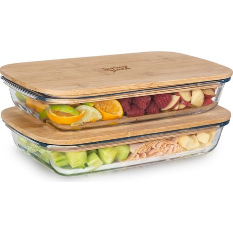 Klarstein Caja de rebanar con tapa 1,6 litros Juego de 2 de cristal de bambú resistente al calor