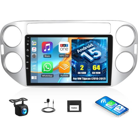 [2+64G] Android 15 Carplay Autoradio pour Tiguan (2010-2017), Nav Android Auto sans Fil, 9" Écran Tactile Radio WiFi Bluetooth Mirror Link FM/RDS EQ +Caméra de Recul (1/5)