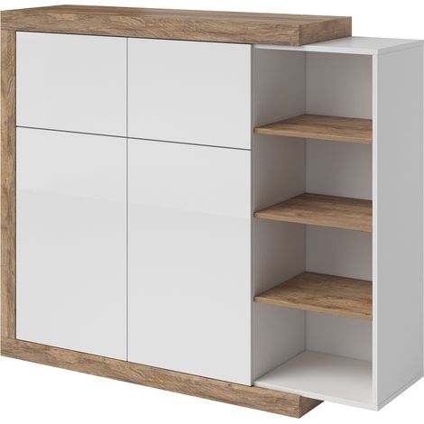 Hochkommode Samdal Eiche Nb. SYLT-83, mit Absetzungen in weiß Hochglanz, B/H/T: ca. 150,7/127,7/40 cm (1/5)