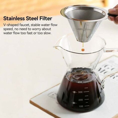 Pour-over coffee maker, manual coffee filter, borosilicate glass carafe, manual pour-over coffee maker with permanent filter, 0.4 L